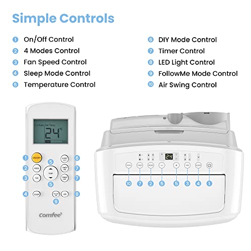 Comfee Mobiles Klimagerät 10000BTU, 3-in-1 mobile Klimaanlage mit Abluftschlauch, Kühlen und Entfeuchten und Ventilieren, 10000 BTU, 2,9kW, für Räume ca. 80 m³(32 ㎡), EEK A+