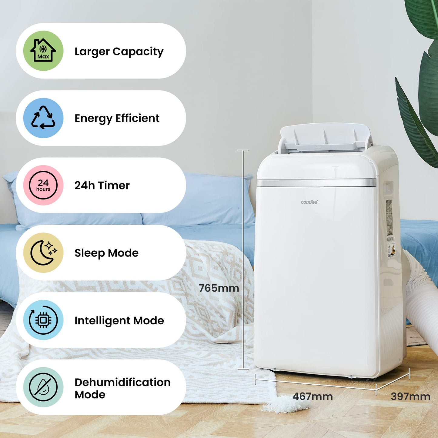 Comfee Mobiles Klimagerät 10000BTU, 3-in-1 mobile Klimaanlage mit Abluftschlauch, Kühlen und Entfeuchten und Ventilieren, 10000 BTU, 2,9kW, für Räume ca. 80 m³(32 ㎡), EEK A+